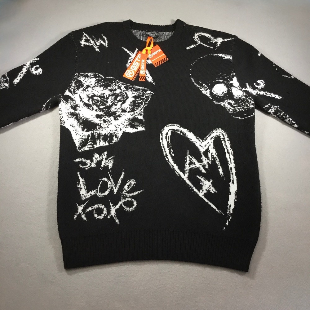 RGSTR Mens Skulls Roses Heart Graphic Knit Sweater Jet Black XL RGR-90-4702R